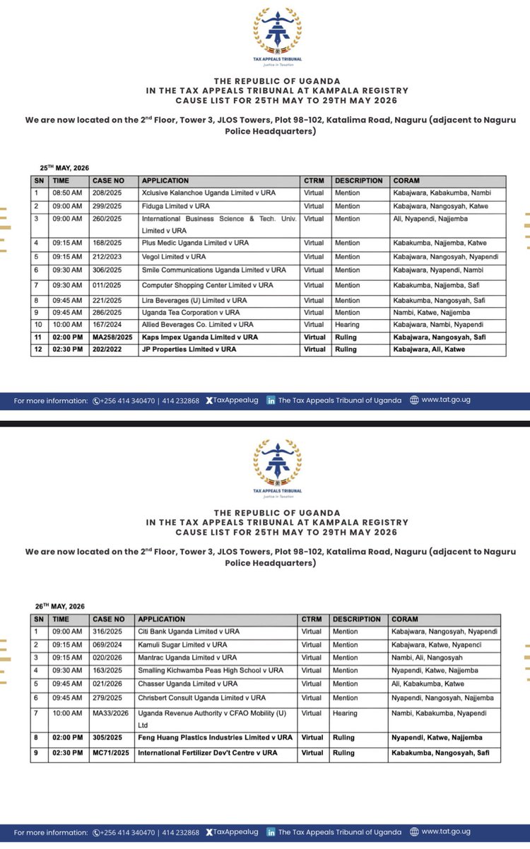 TaxHubUG's tweet photo. ⚖️ Tax Litigation ⚖️

📍A total of 62 tax disputes against @URAuganda are coming up before the @TaxAppealug in the course of this week. 

📍All matters this week will be heard virtually and the @TaxAppealug is also expected to deliver 29 rulings within this week. https://t.co/iWZEmr8bsW