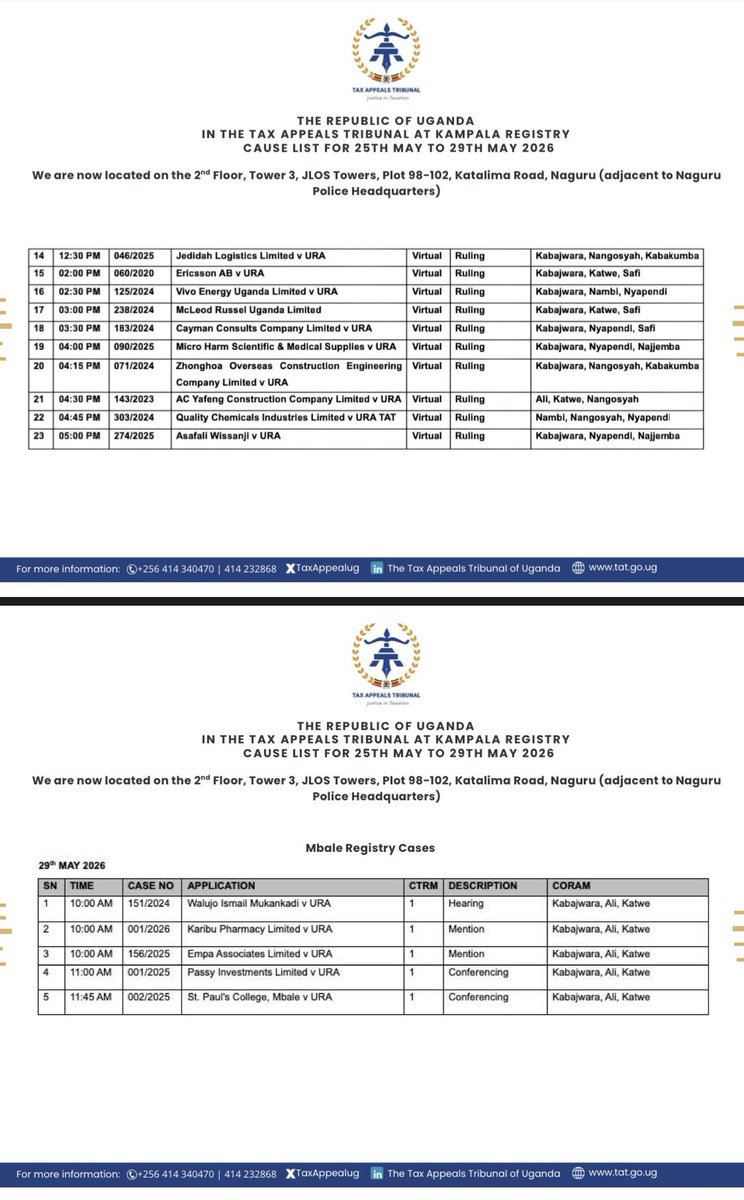 TaxHubUG's tweet photo. ⚖️ Tax Litigation ⚖️

📍A total of 62 tax disputes against @URAuganda are coming up before the @TaxAppealug in the course of this week. 

📍All matters this week will be heard virtually and the @TaxAppealug is also expected to deliver 29 rulings within this week. https://t.co/iWZEmr8bsW