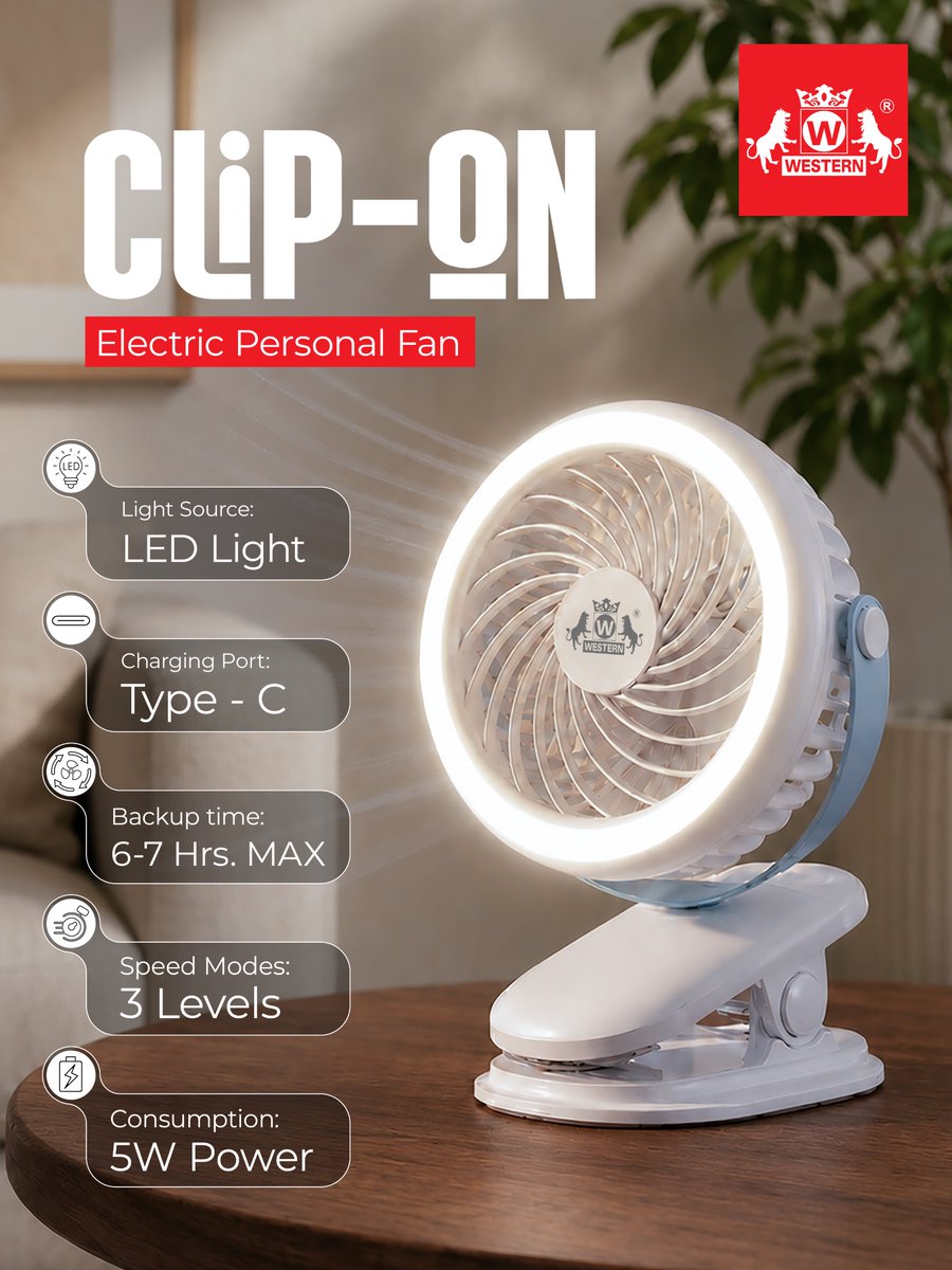 WesternEleInfo's tweet photo. The Clip-On Electric Personal Fan by Western Electricals is built to keep your comfort close wherever you go. Key features include:

• Turbo Airflow
• 3 Speed Modes
• Type-C Charging
• LED Light Support
• Long-Lasting Backup

#sunmervibes #portablefan #rechargeablefan https://t.co/PUJnJYOiaG