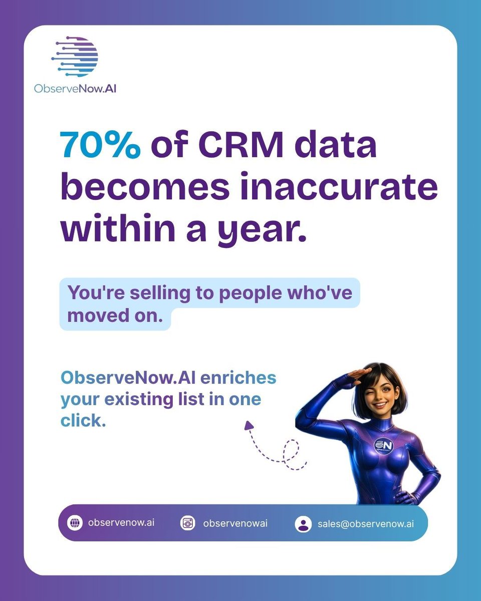 ObserveNowAI's tweet photo. Did you know that nearly 70% of CRM data becomes outdated within a year?

With https://t.co/1Lpo7rWDZT, enrich and refresh your CRM in one click — so your outreach reaches the right people at the right time.

✔ Updated contact data
✔ Better lead accuracy

#ObserveNowAI #CRM https://t.co/UOTbrzjyxM