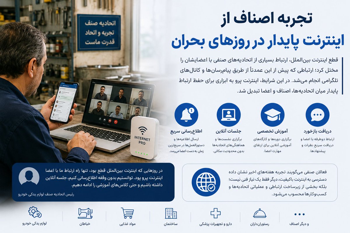 internet_pro7's tweet photo. تجربه اصناف از اینترنت پایدار در روزهای بحران

قطع اینترنت بین‌الملل، ارتباط بسیاری از اتحادیه‌های صنفی با اعضایشان را مختل کرد. در این شرایط، اینترنت پرو به ابزاری برای حفظ ارتباط پایدار میان اتحادیه‌ها، اصناف و اعضا تبدیل شد. https://t.co/ic9RfJmkNL