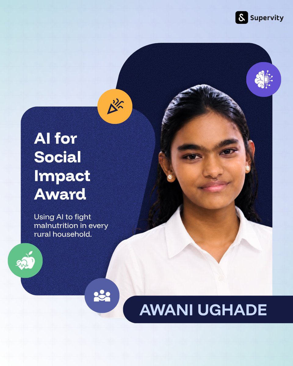 SupervityAI's tweet photo. Supervity is proud to recognize Awani Ughade for her remarkable contributions in developing Swaastha AI, a platform designed to support rural households with practical nutrition guidance.

#AIforSocialImpact #Supervity #Autos #SupervityAutos https://t.co/W2t8QzgVmp