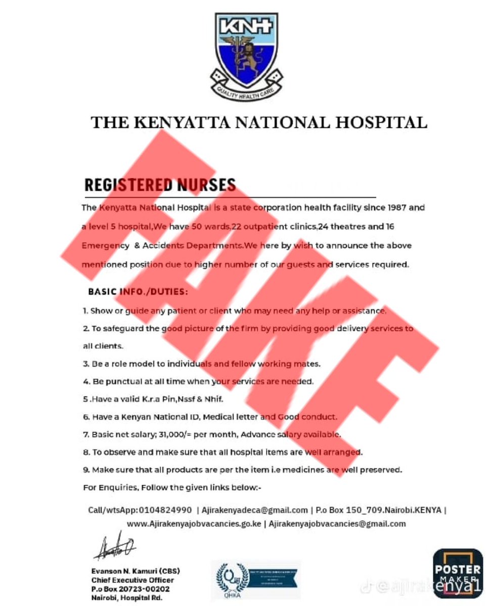 KNH_hospital's tweet photo. Please note that this advertisement circulating online claiming that KNH is recruiting Registered Nurses is FAKE and has NOT been issued by the Hospital.

Members of the public are advised to always verify vacancies through official KNH communication channels

#KNHInakujali https://t.co/jyXHVqrPG1