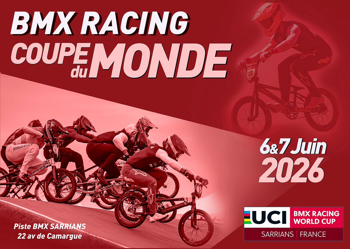 FFCyclisme's tweet photo. La Coupe du Monde de BMX Racing débarque à Sarrians ! 🌍️

Rendez-vous les 6 &amp; 7 juin 2026 pour un week-end 100% adrénaline sur la piste BMX de Sarrians 🚴💨

📍 Piste BMX Sarrians
22 avenue de Camargue – Sarrians, France

#BMXRacing #UCIBMX #BMXWorldCup #Sarrians #RideBMX https://t.co/dAqIfeYNzg