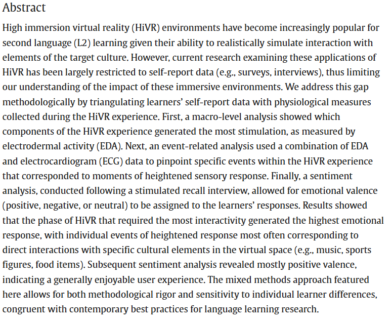 RMALJournal's tweet photo. New article: 
Khoruzhaya, Y., &amp; Moranski, K. (2026). Language learners’ sensory responses in virtual reality using physiological and self-report. Research Methods in Applied Linguistics, 5(2), 100325: https://t.co/WJXoKhsqcX https://t.co/aGaKyYht5f