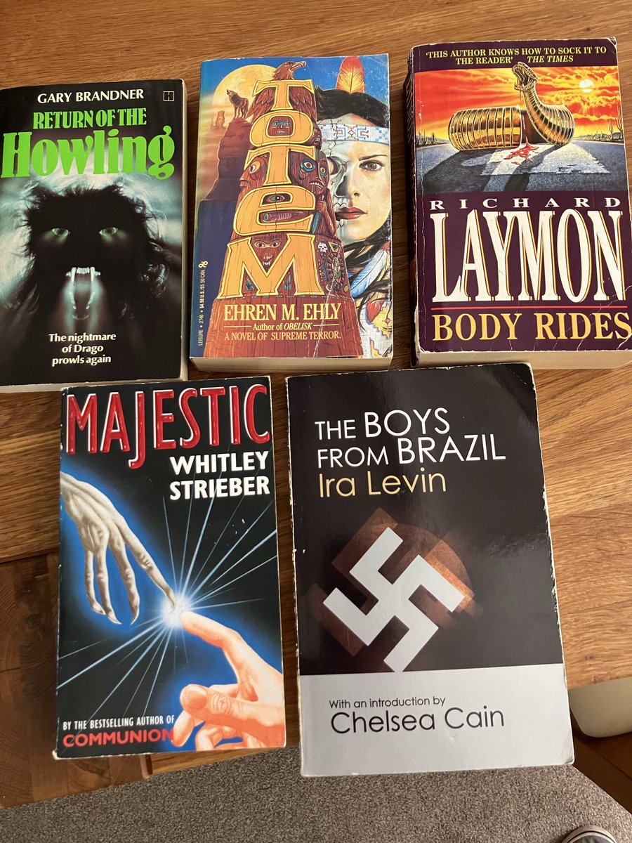 MattPayne1973's tweet photo. The annual trip to Scarborough - and therefore the excellent bookshop, Mrs Lofthouse’s Emporium. Here is this year’s small haul…. #iralevin #garybrandner #ehrenmehly #richardlaymon #whitleystrieber #paperbacksfromhell https://t.co/3uWFyjdRxb