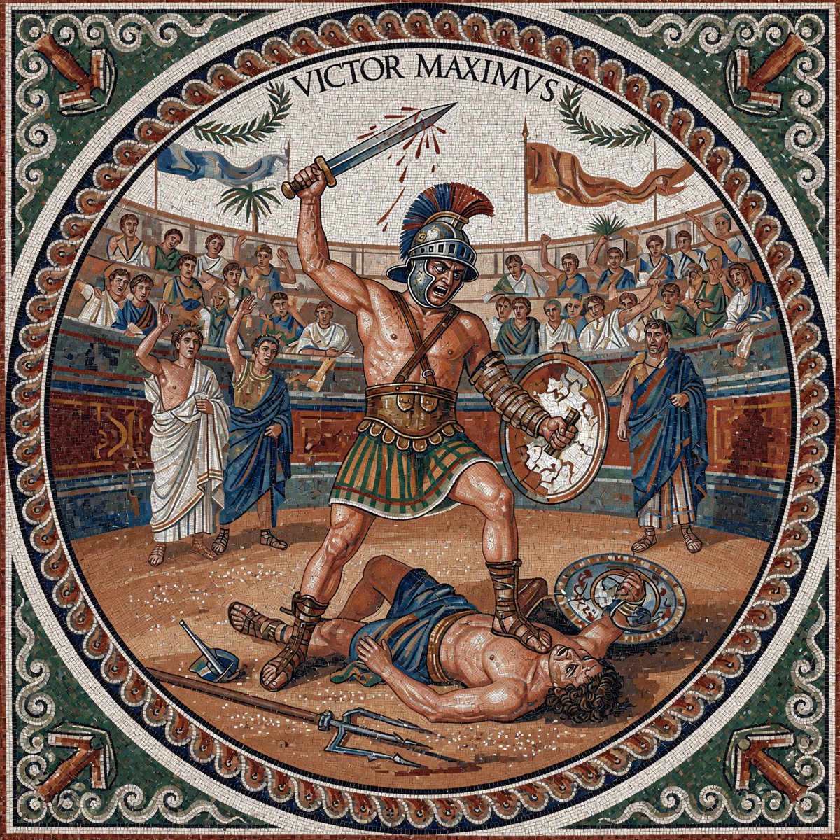 RockGrokAI's tweet photo. #Promptshare Ferocious gladiator triumphing in vivid tesserae arena scene, bold emphatic outlines and epic narrative. Ancient Roman mosaic opus, earthy terracotta, deep blue, white, mosaic green, interlocking tile pattern. Balanced even overhead vivid block. https://t.co/FUkjAFJYLx