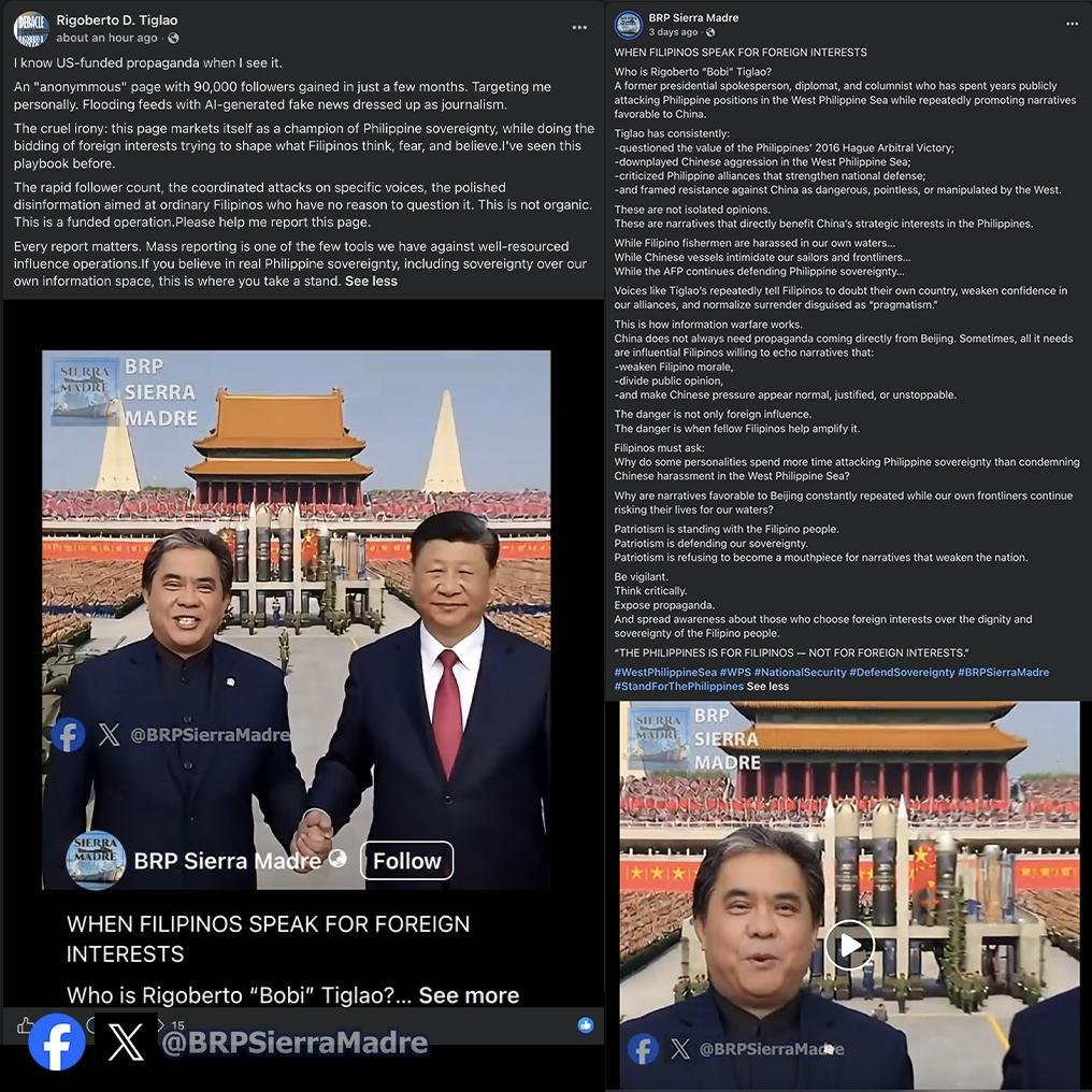 BRPSierraMadre's tweet photo. @bobitiglao who constantly lectures Filipinos about “foreign propaganda” is now asking for mass reporting against critics instead of answering the issues being raised.

Why?
If the claims are false, why fear scrutiny?
Why focus on silencing pages instead of disproving the evidence?

Filipinos should ask:
Why do certain commentators consistently attack Philippine assertions in the West Philippine Sea… while echoing narratives that benefit Beijing?

Why are calls for sovereignty suddenly selective?
And why does criticism of China often trigger more outrage from these personalities than harassment against Filipino fishermen?

No one is above public scrutiny.
Not politicians.
Not influencers.
Not columnists.

Real journalism welcomes transparency. Real patriots defend Philippine interests consistently — not only when convenient.

The public deserves to ask:
Are these just opinions? Or are narratives being amplified to slowly condition Filipinos into accepting intimidation, dependency, and silence?

When someone works harder to attack fellow Filipinos than to question foreign coercion, people will naturally begin asking difficult questions.

And maybe that is what truly scares them.

Because truth does not fear investigation.
Truth does not ask to silence critics.
And truth does not survive through intimidation.

We will not be silenced.
The more they try to suppress questions, the more Filipinos will ask them.

And sooner or later, the truth will expose everything.
Or are narratives being amplified to slowly condition Filipinos into accepting intimidation, dependency, and silence?

When someone works harder to attack fellow Filipinos than to question foreign coercion, people will naturally begin asking difficult questions.

And maybe that is what truly scares them.
Observe the patterns.
Check the narratives.
Follow who benefits.

#BRPSierraMadre #WestPhilippineSea #WPS #NationalSecurity #DefendSovereignty #StandForThePhilippines