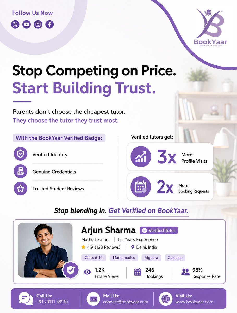 bookyaar's tweet photo. Parents don't pick the cheapest tutor. They pick the one they trust most.

Get your BookYaar Verified Badge and let your credibility do the talking. 

Visit - https://t.co/RSed4o1VO8

#BookYaar #VerifiedTutor #TutorLife https://t.co/fUxuadazYM