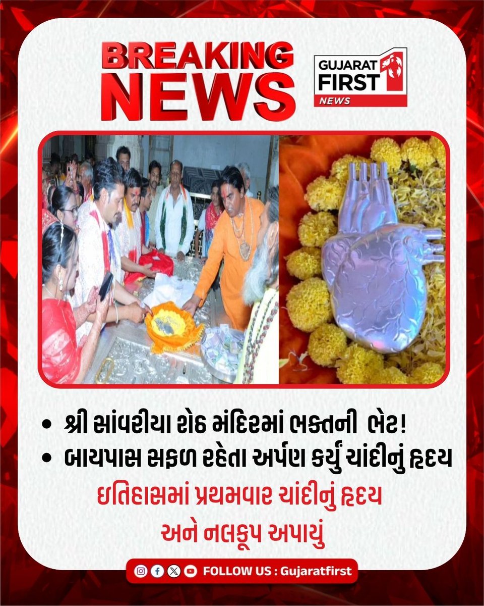 GujaratFirst's tweet photo. Shri Sanwariya Seth Temple માં ભક્તની અનોખી ભેટ! | Gujarat First
બાયપાસ સર્જરી સફળ રહેતા ભક્તે અર્પણ કર્યું ચાંદીનું હૃદય
મંદિરના ઇતિહાસમાં પ્રથમવાર ચાંદીનું હૃદય અને નલકૂપ અપાયું
#SanwariyaSeth #Chittorgarh #UniqueDonation #SilverHeart #BypassSurgeryMiracle #LordKrishna #SanwariyaSethMandir #DevotionalStory #RajasthanTourism #FaithInGod #GujaratFirst