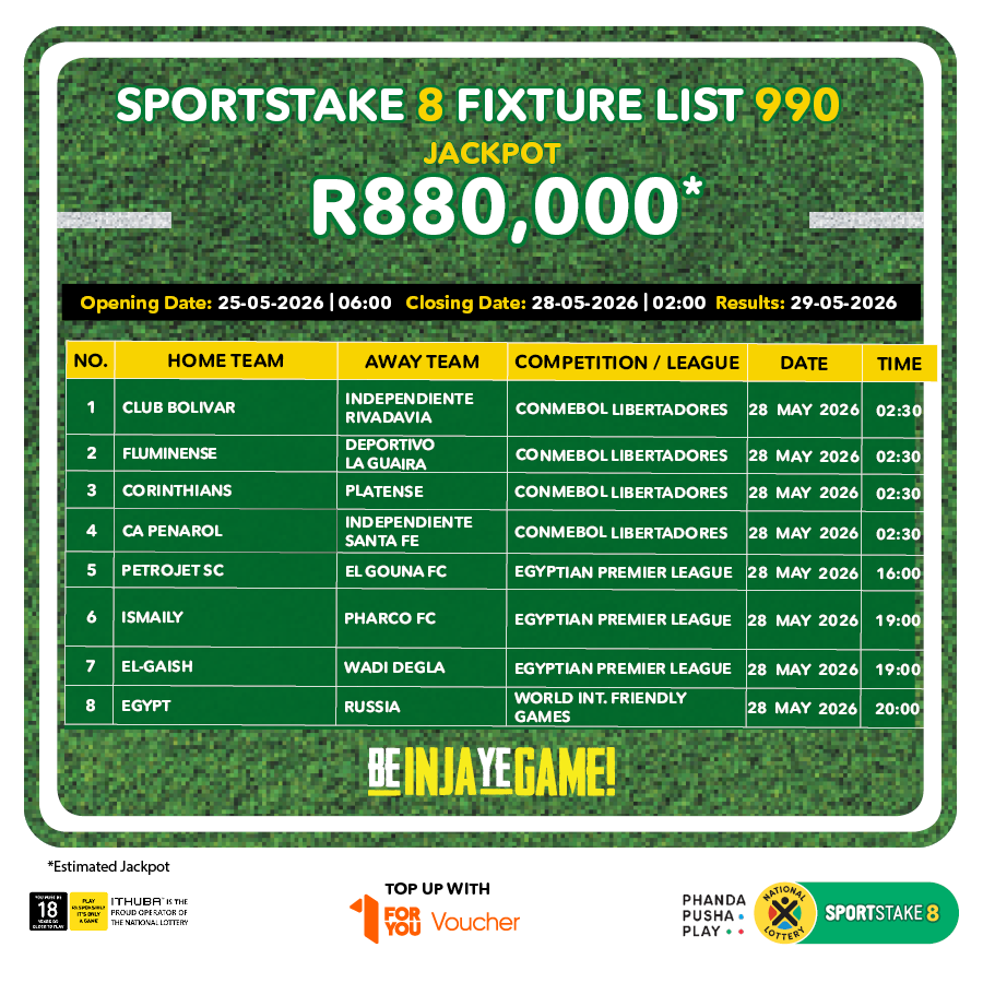 sa_lottery26's tweet photo. Here are the #SPORTSTAKE8 #FixtureResults, #Dividends for list 989 & #Fixturelist 990 with an estimated Jackpot of R880,000. #BeInjaYeGame!
Players must be 18 years or older, play responsibly. ITHUBA is the proud operator of the National Lottery. https://t.co/BWnm40rKaO