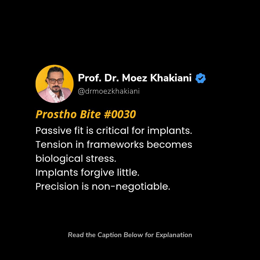 drmoezik's tweet photo. Natural teeth adapt.
Implants don’t— they respond.

They lack a periodontal ligament.
No cushioning.
No forgiveness.

So when a framework doesn’t fit passively,
that tension has nowhere to go.

It transfers directly to bone and components—
as biological stress.

Even minimal misfit
creates strain.
And that strain is amplified
under function.

Almost passive… is not passive.

A framework should seat
without force,
without tension,
without persuasion.

If you have to “help it sit”,
you’ve already introduced stress.

And implants will carry that stress
every single day.

Over time, this leads to:
• Screw loosening
• Component fatigue
• Bone loss
• Prosthetic complications

Take-home message
If it’s not passive, it’s already a problem—
biology will reveal it later.