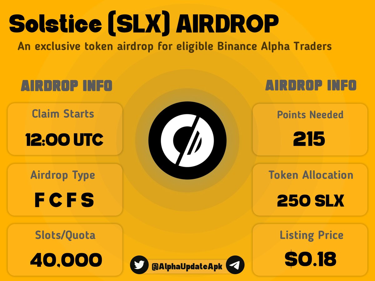 AlphaUpdateApk's tweet photo. Solstice (SLX) trading and airdrop start today on Binance Alpha at 12:00 UTC.

Airdrop of 250 $SLX tokens is available for users with at least 215 Alpha Points on a first-come, first-served basis.

❗If the pool isn’t full, the score will drop by 5 points every 5 minutes. https://t.co/OQ2zWwi4TQ