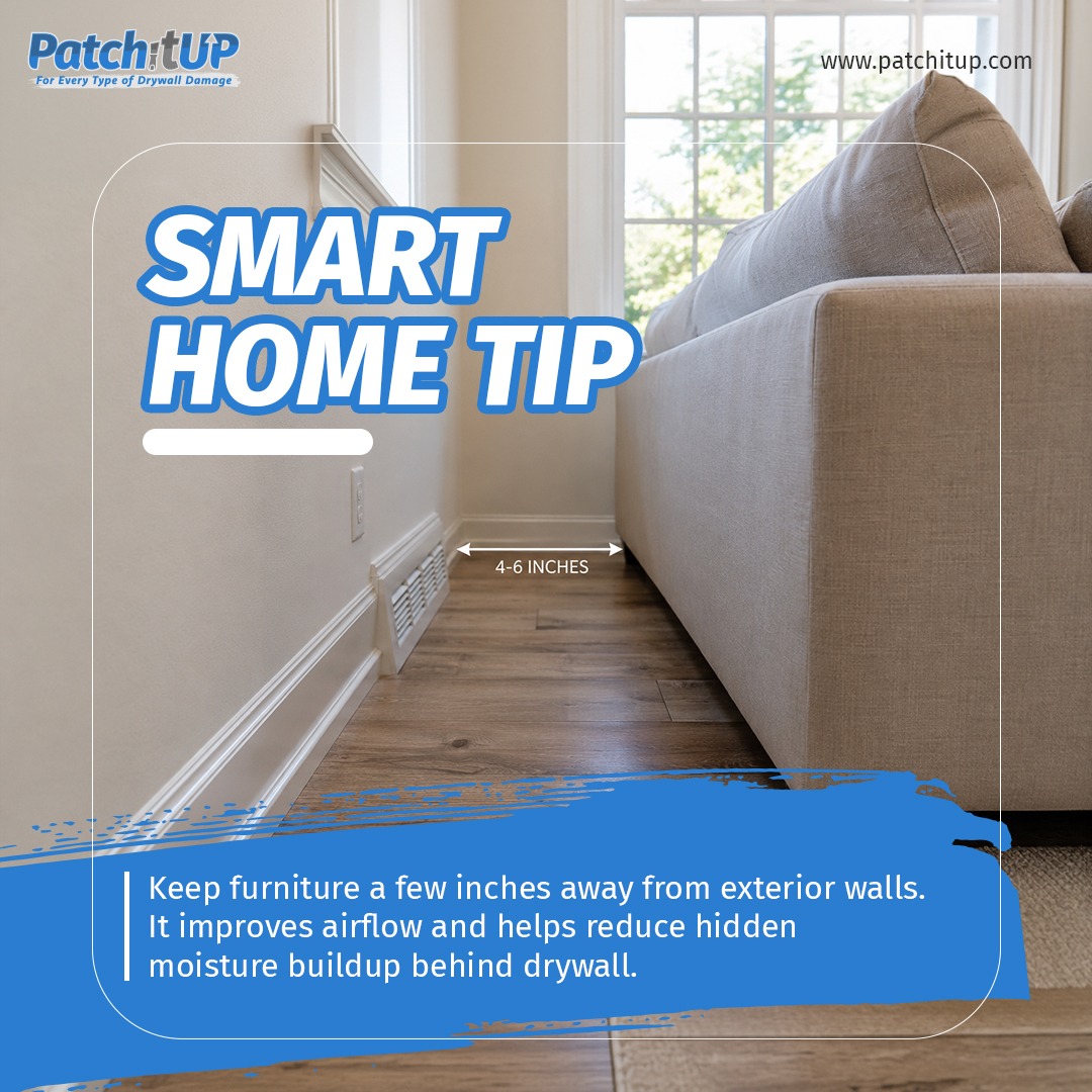 PatchitupTeam's tweet photo. Nassau homeowners, improve indoor airflow by keeping furniture a few inches away from exterior walls. It helps reduce hidden moisture buildup and protects your drywall from damage! 

Visit: https://t.co/IWDDwW1sHp
#PatchitUP #NassauCounty https://t.co/YDHNUwCKkO