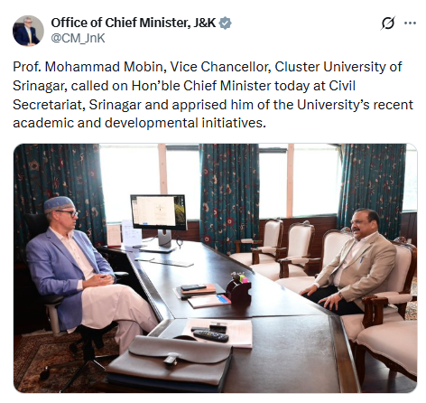 GulistanNewsTV's tweet photo. Prof. Mohammad Mobin, Vice Chancellor, Cluster University of Srinagar, called on Chief Minister @OmarAbdullah today at Civil Secretariat, Srinagar and apprised him of the University’s recent academic and developmental initiatives.
@JKNC_ @CM_JnK #ClusterUniversity #Srinagar #OmarAbdullah #Education #JammuAndKashmir