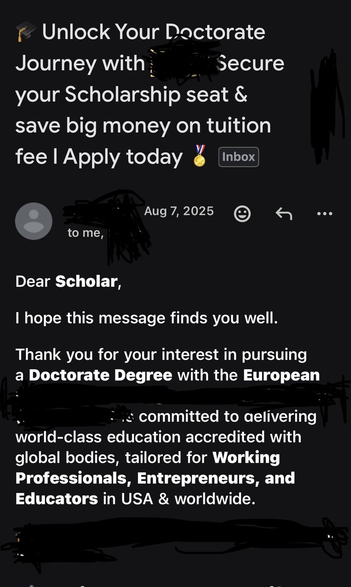 Metaverse_mayor's tweet photo. A Swiss institution invited me to pursue an honorary doctorate.

I declined.

I want to earn a PhD through research, not a shortcut.
Honorary degrees have their place. But for me, the work matters more than the title.
If I ever call myself "Doctor," it'll be because I earned it. https://t.co/O6KR2WzAPZ