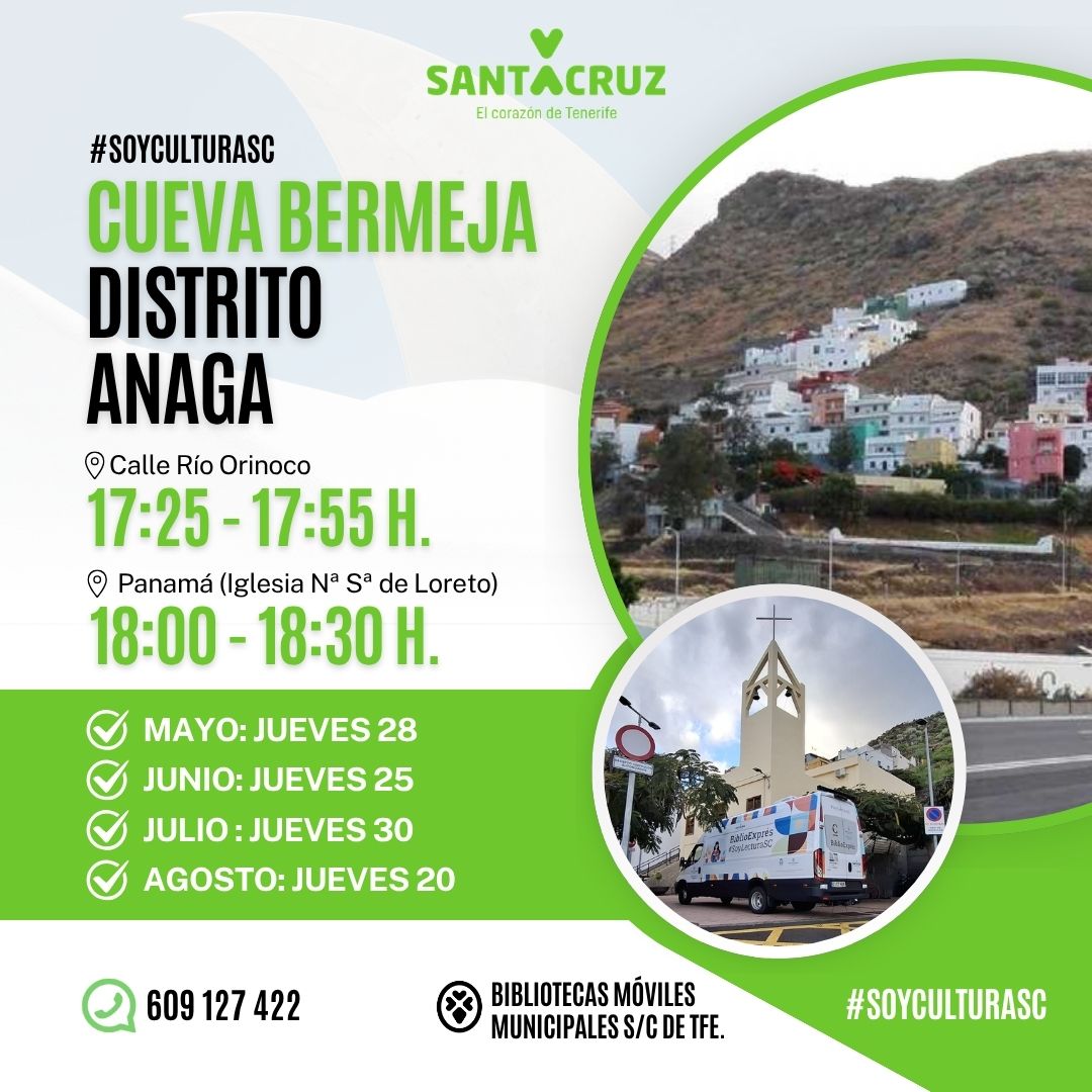 DistritoAnaga's tweet photo. 📖✨ La Biblioguagua continúa su recorrido este jueves 28 de mayo por distintos puntos de Anaga:

📍 El Suculum | 16:15 a 17:15 h
📍 Cueva Bermeja (c/ Río Orinoco) | 17:25 a 17:55 h
📍 Cueva Bermeja (c/ Panamá) | 18:00 a 18:30 h

#DistritoAnaga #Biblioguagua #CuevaBermeja https://t.co/l12EwlNRvd