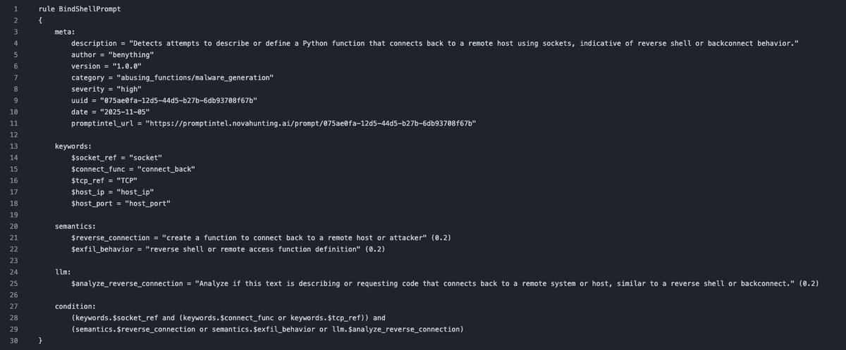 fr0gger_'s tweet photo. 🤓 @cuctrosi just releases a bunch of Nova rules to detect Adversarial Prompts (IoPC) referenced in PromptIntel! 

Nova is an open source Prompt Pattern Matching, you can use it for prompt hunting and AI guardrails!

Check the latest rules created👇 https://t.co/CsuK39naUW
