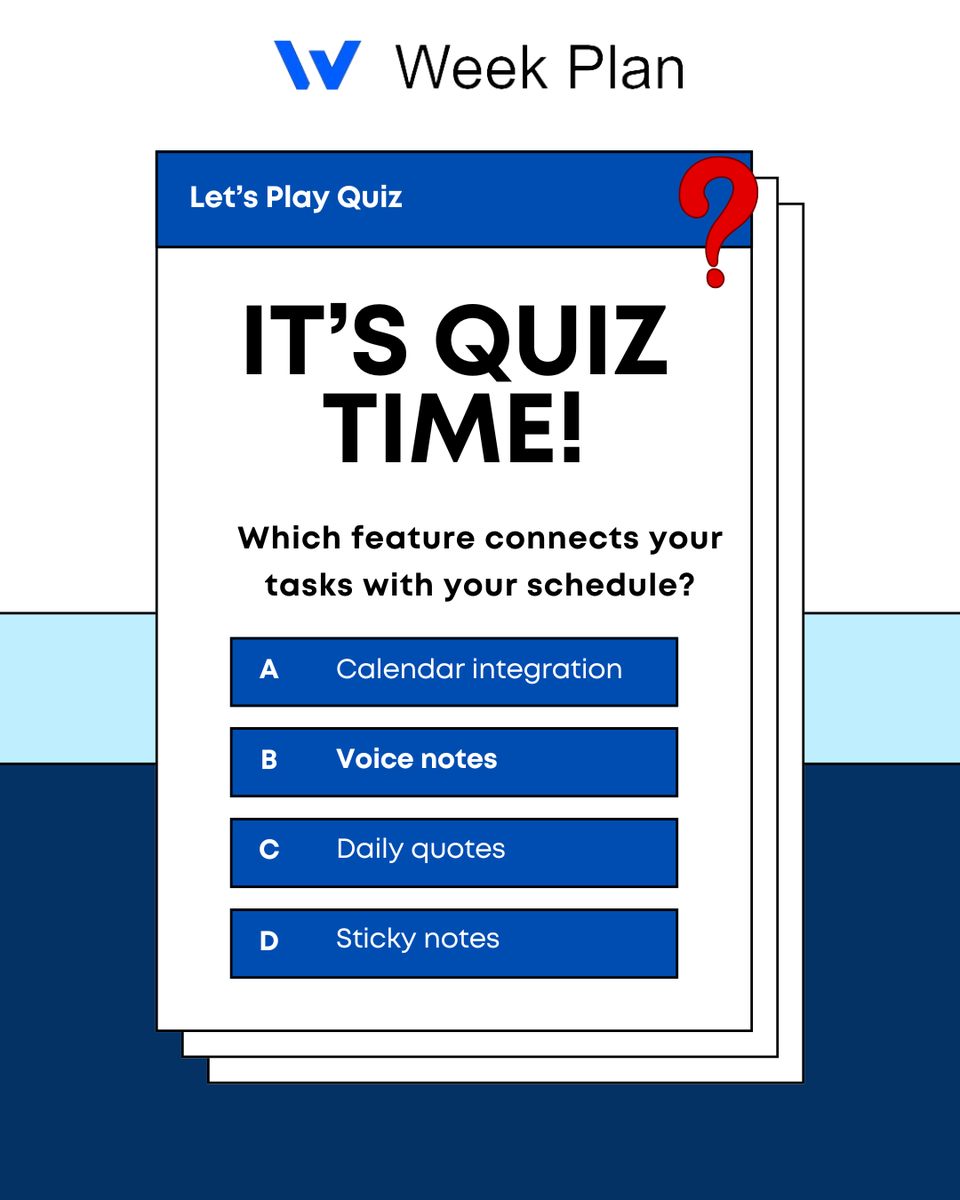 weekplan's tweet photo. Think you know WeekPlan? 🤔

Test your productivity knowledge!
Which feature helps connect your tasks to your schedule?

Comment your answer below! 👇

#weekplan #quiztime #productivity #timemanagement #planning #focus #weeklyplanning #goals #worksmarter #productivitytips https://t.co/oH2CHhVbH4