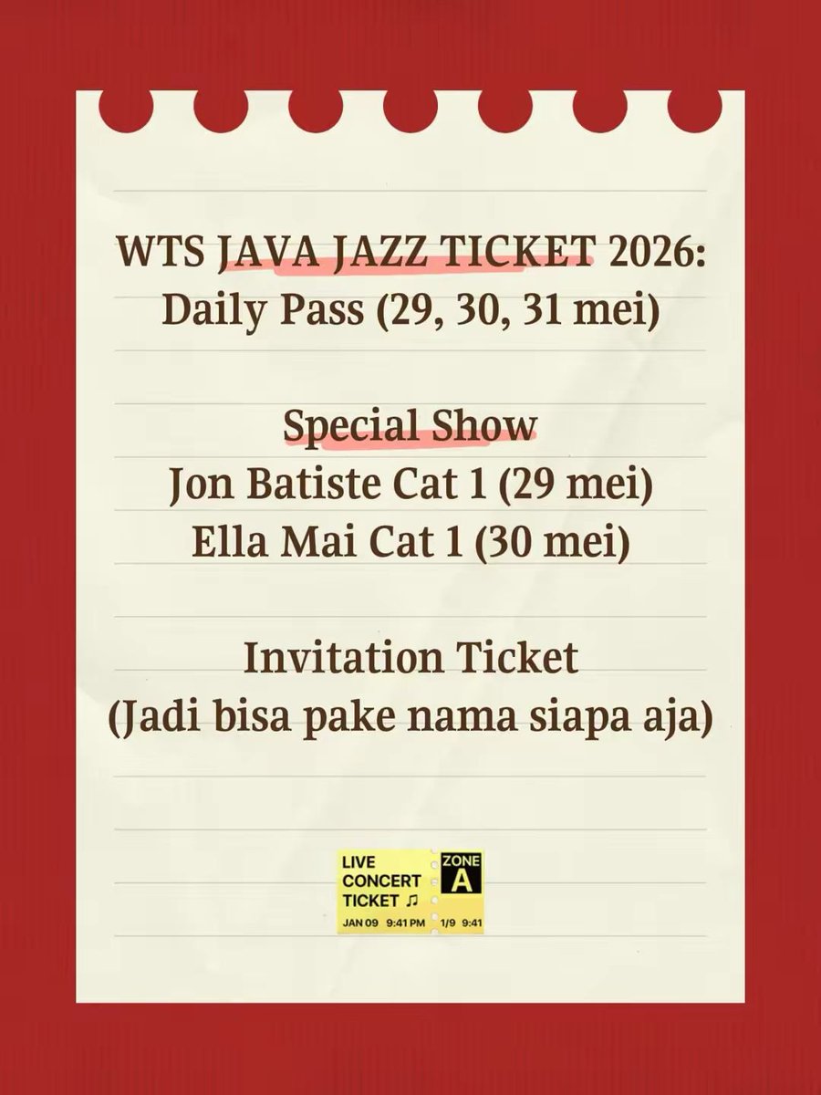 PVerniy's tweet photo. WTS JAVA JAZZ TICKET 2026:

Daily Pass (Bisa day 1-3) @ Rp. 250.000 nego
Combo Daily Pass day 1,2,3  @ Rp. 550.000

Special Show @ Rp. 250.000
✅ Jon Batiste Cat 1 
✅ Ella Mai Cat 1
❌ Daniel Caesar Cat 1 sold out

Tiket digosend / ketemuan di daerah SCBD

Wa : 081381361311 https://t.co/a6CGiKw1Fe
