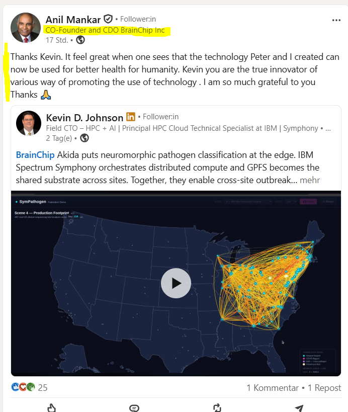 MIAM_Schwan's tweet photo. Words of appreciation from Anil Mankar/CO-Founder and CDO, BrainChip, towards Kevin D. Johnson/$IBM for all his work and numerous demos with BrainChip's #Akida. 

Here you can find the complete collection of demos made by Kevin-> https://t.co/z35dXsE8bq
@BrainChip_inc $BRN $BRCHF https://t.co/V2Sn1Tkv1P