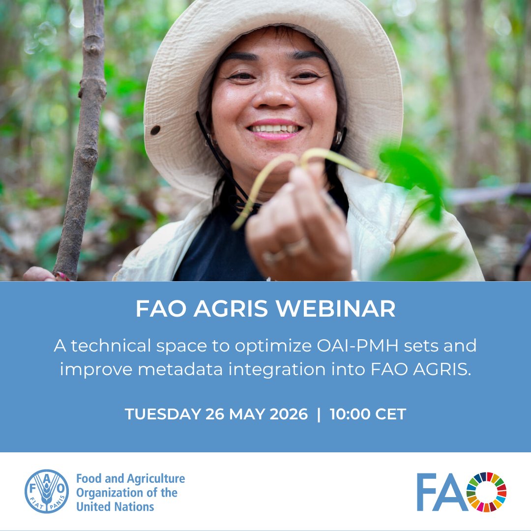 FAOAIMS's tweet photo. Tomorrow: Join the FAO AGRIS technical webinar on optimizing OAI-PMH sets for seamless metadata harvesting. 🌍

📅 26 May 2026
🕒 10:00 CET
💻 Learn practical tips to improve metadata visibility and interoperability.

Register now: https://t.co/jycaPLCCJj https://t.co/3PN9ppnO3v