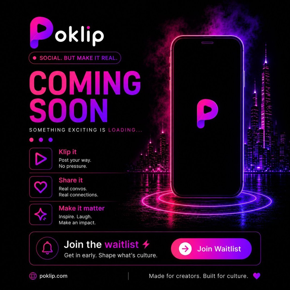 Poklipapp's tweet photo. Get in early. Shape what's culture. Join the poklip waitlist at https://t.co/Y0j158cA6N.
#Poklip #AppLaunch #ComingSoon https://t.co/JRQ1BAb3Nj