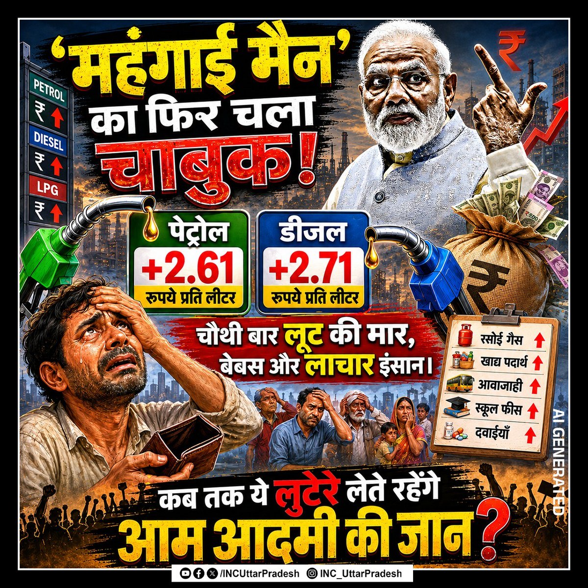 INCUttarPradesh's tweet photo. जनता की जेब पर मोदी सरकार की डकैती!

सिर्फ 11 दिनों में पेट्रोल ₹8.06 और डीजल ₹7.80 महंगा कर दिया गया है। 

'महंगाई मैन' मोदी जनता को त्रस्त कर अपने पूंजीपति मित्रों की तिजोरियां भरने में व्यस्त हैं। 

आम जनता महंगाई से बेहाल है, लेकिन भाजपा की यह अंधाधुंध वसूली रुकने का नाम नहीं ले रही।