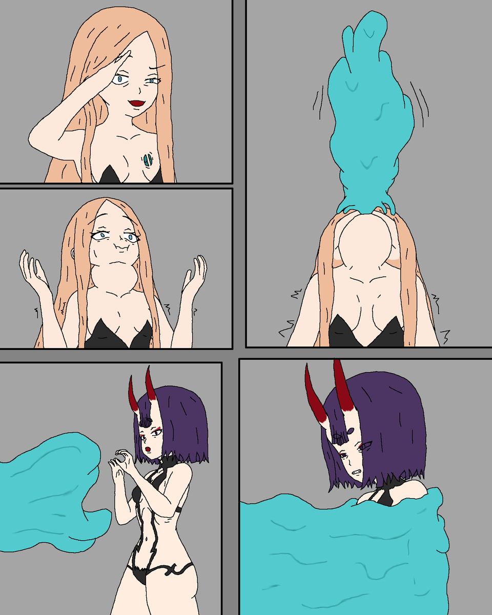 simply_looking's tweet photo. (1/2) Slimey Chaldea Part 4 is finished! It's a story of Gudao, wearing Abby, being attacked by Shuten, who knew that Abby had been replaced. Gudao, now angry, decides to absorb Shuten as revenge, before shortly absorbing Abby. And so, the collection has grown. https://t.co/Ykvl4lPg6p