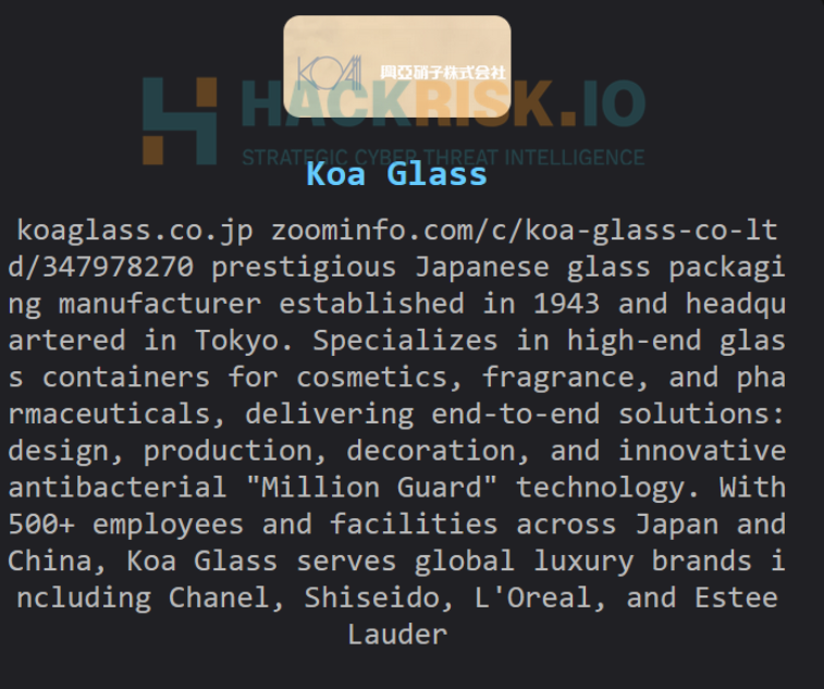 H4ckmanac's tweet photo. 🚨Cyber Alert ‼️

🇯🇵Japan - 𝗞𝗼𝗮 𝗚𝗹𝗮𝘀𝘀 𝗖𝗼., 𝗟𝘁𝗱.

The Gentlemen hacking group claims to have breached Koa Glass Co., Ltd.

Threat actor: The Gentlemen
Sector: Manufacturing
Data exposure (claimed): Not specified
Data type: Not specified
Observed: May 25, 2026
Status: Pending verification
ESIX©: 5.04

Full details and impact assessment on https://t.co/eB7qgxKFAa