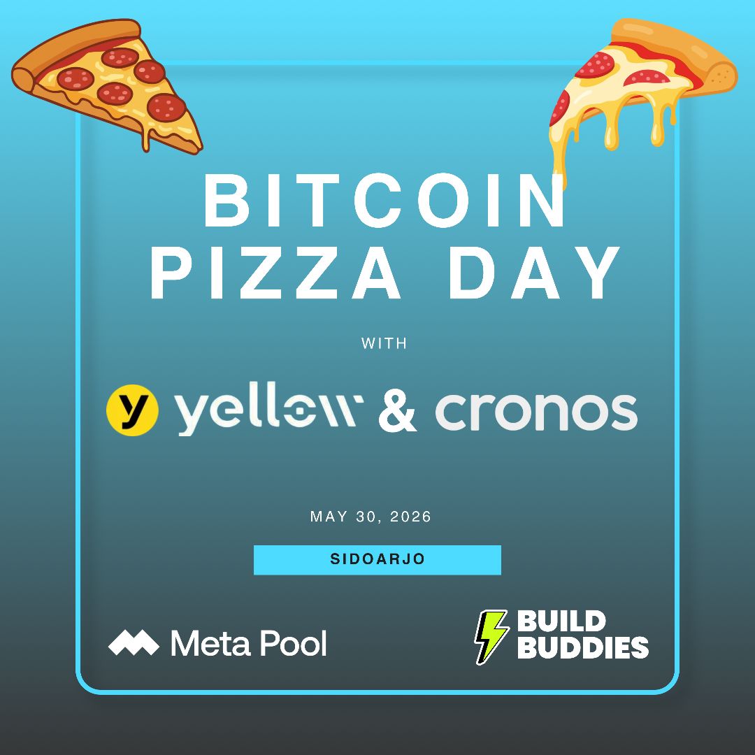 maxone_lens's tweet photo. Bitcoin Pizza hadir lagi di Sidoarjo 🍕

Build Buddies kolaborasi bareng @Yellow  dan @CronosApp, kita bakal sharing tentang Super App dan Infrastruktur Web3 sambil makan Pizza tentunya 🍕😀

Catat tanggalnya: 
🗓️ 30 Mei 2026 
🕕 Pukul: 18:00 WIB 
📍 Lokasi: Sidoarjo

Daftar: https://t.co/JxsReJc3Kg

So Jangan lewatkan ya guys, bawa semangat kamu, kita networking sambil memperingati Pizza Day bareng!

Supported by: @Meta_PoolID @meta_pool @build_buddies

#Bitcoin #BitcoinPizzaDay #CronosApp #Yellow #MetaPool