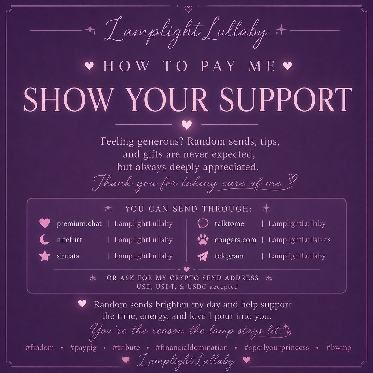 LamplitLullaby's tweet photo. 💫accepting new gfe/vgf/sugar daddy/sub clients🌙
✨your new soft domme✨
random sends/tips always appreciated💜
payment info + crypto options ↓
#gfe #girlfriendexperience #onlinecompanion #sugardaddy #softdomme #submissive #virtualgfe #facelesscreator #paypig #findom https://t.co/FpFwlqtRxO