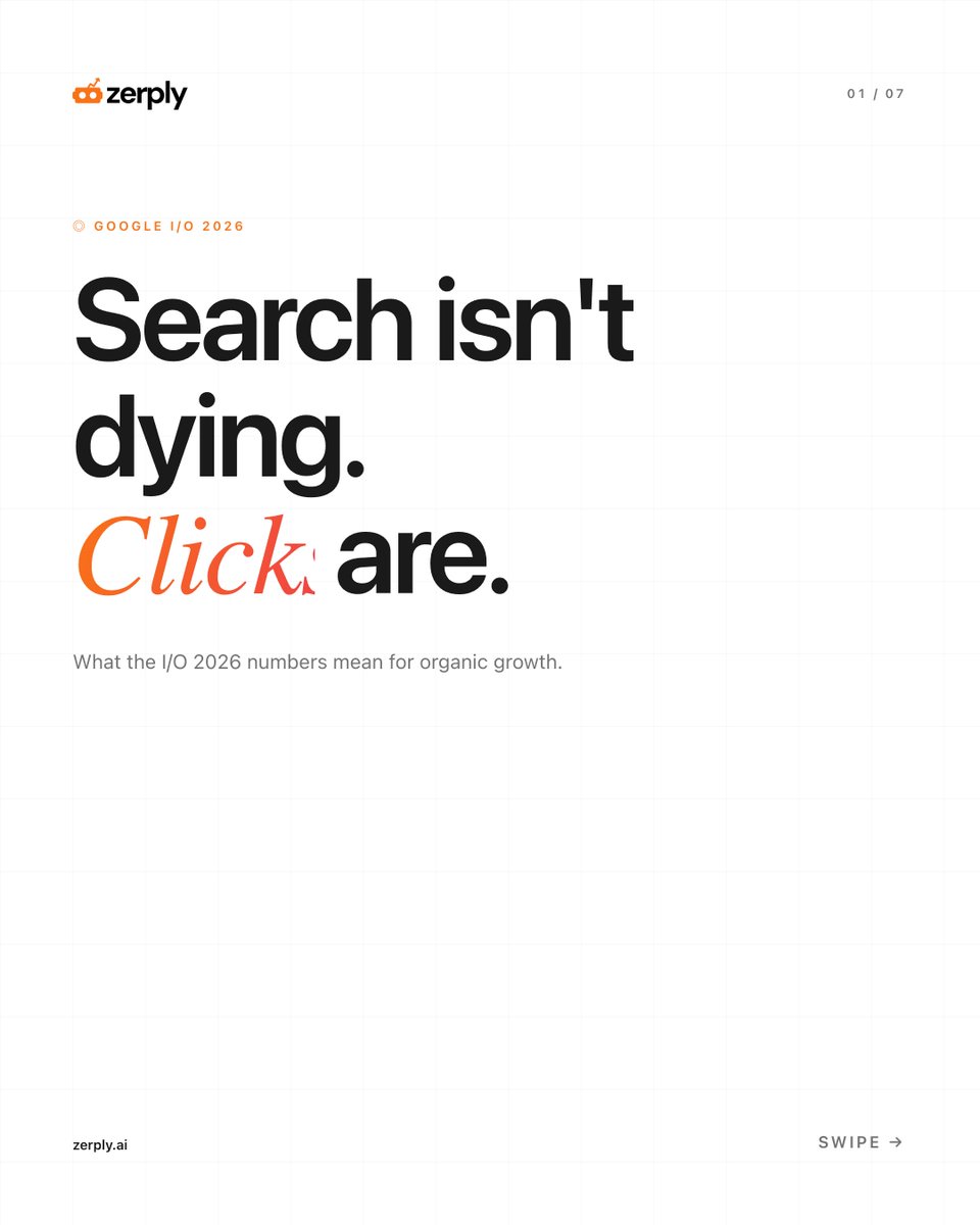 content_baba's tweet photo. Everyone is debating whether SEO died after Google I/O.

Search is becoming more important.

The click is what’s shrinking.

That changes everything:

• attribution
• organic strategy
• content structure
• and how brands earn visibility

The biggest shift is this:

Visibility and traffic are separating.

You can influence buying decisions without ever getting the click.