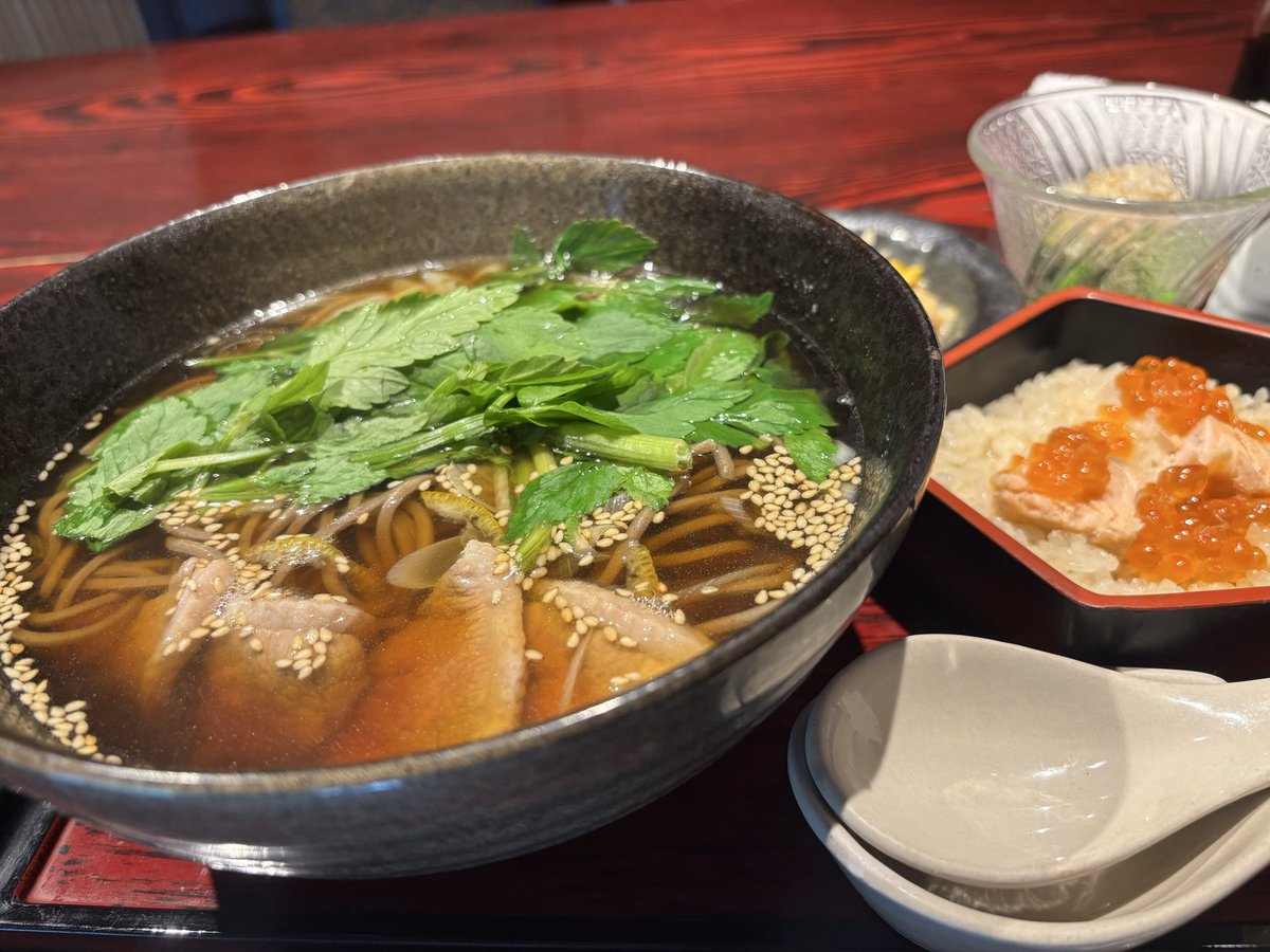 reflex4qa's tweet photo. ［JaSST’26Tohoku 4日前］
仙台せり鍋と個室和食　せり草庵
鴨せりそばとミニはらこめし

せりの癖が好みってわかった！

思い付きで仙台城跡で伊達政宗も見てきた！
仙台すずめ饅頭とずんだシェイクの組み合わせが、仙台で一番美味しかったかも？ https://t.co/LYiXh36eFx
