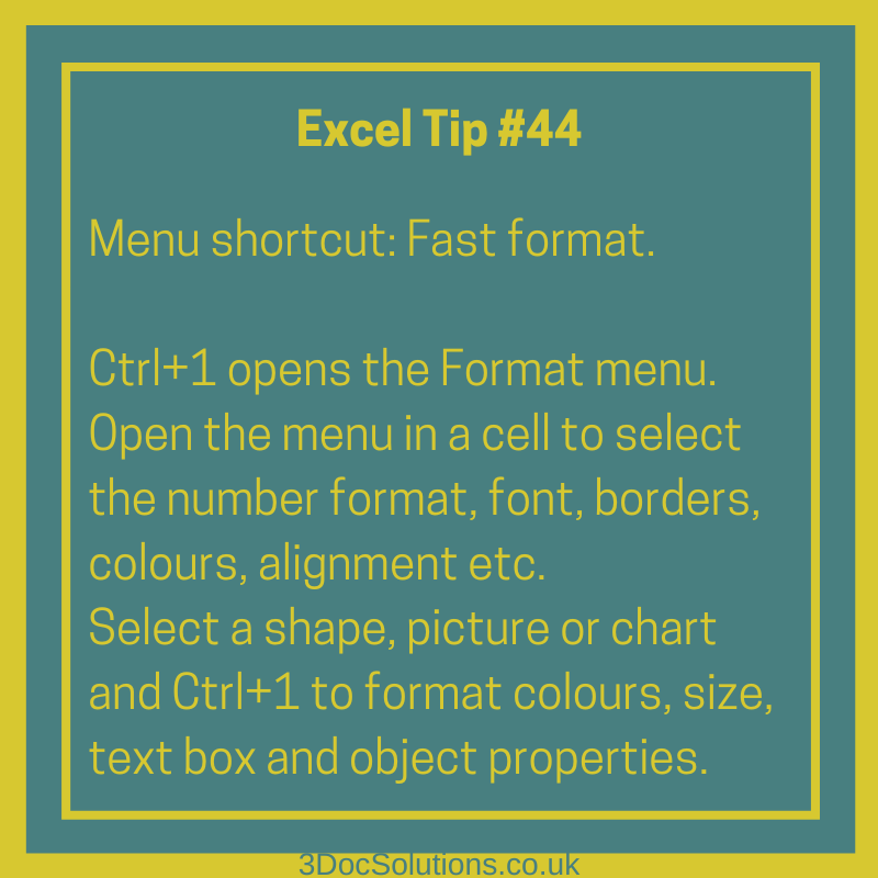 3DocSolutions's tweet photo. Excel shortcut worth knowing 👇

Need to format a cell, chart, shape or text box quickly?

1️⃣ Select it
2️⃣ Press Ctrl + 1
3️⃣ The Format menu opens instantly

A simple shortcut that can save loads of time!

#ExcelTips #MicrosoftExcel #ProductivityTips https://t.co/KSkm5buYPA