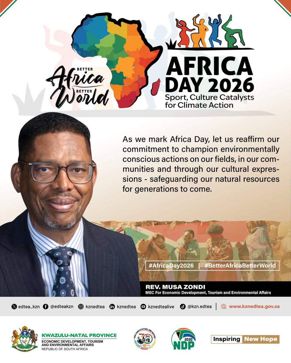 edtea_kzn's tweet photo. As we mark Africa Day, let us reaffirm our commitment to champion environmentally conscious actions on our fields, in our communities and through our cultural expressions - safeguarding our natural resources for generations to come.#AfricaDay #KZNEDTEA#GovZAUpdatesKZN https://t.co/zYbhRgplm1