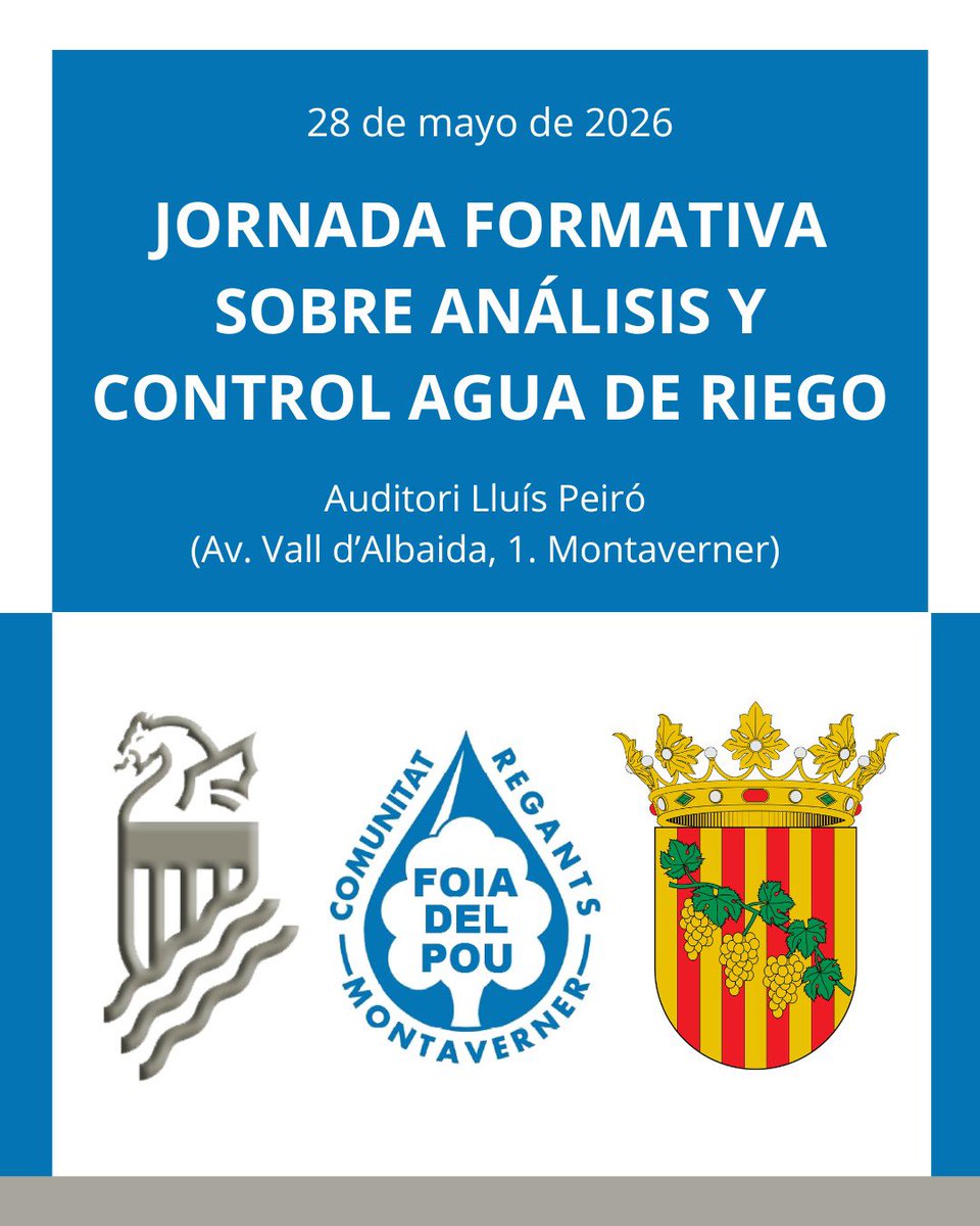 fecoreva's tweet photo. 📌 Jornada formativa sobre análisis y control del agua de riego

📅 28 de mayo de 2026
🕜 11:00 horas
📍 Av. Vall d'Albaida, 1. Montaverner
📩 Inscripción al correo fecoreva@regantescv.com https://t.co/tecQejwFPE