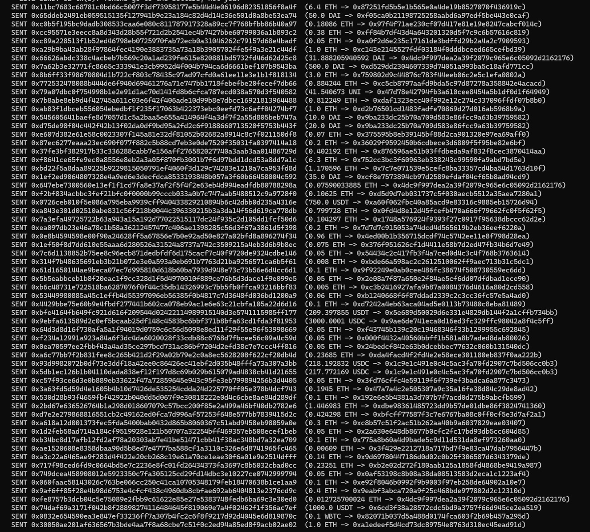 wagmitrencher's tweet photo. Update: I scaled the Liquality recovery to the whole chain.

Just returned another ~$76,000 in stuck funds to 58 more owners:
29.5 ETH
0.10 WBTC
3,436 USDC
1,959 USDT
647 DAI
41.5 UNI
https://t.co/VV6C7TAPc3
Across both rounds that's ~$155k back to 60+ people. Kept nothing. https://t.co/00C6smcc76