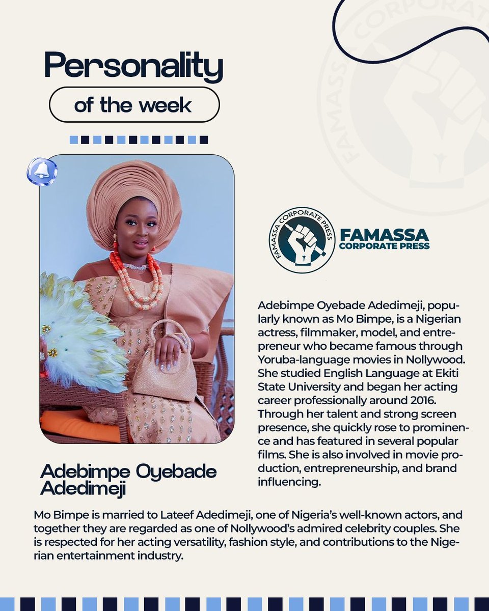 FAMSSACORPRESS's tweet photo. ✨ PERSONALITY OF THE WEEK ✨

This week, we spotlight Adebimpe Oyebade Adedimeji (Mo Bimpe) — renowned Nollywood actress, filmmaker, entrepreneur, and proud EKSU alumna.

Her talent, consistency, and influence continue to inspire many across the entertainment industry.

© FCPC https://t.co/LpcrB8pAbH