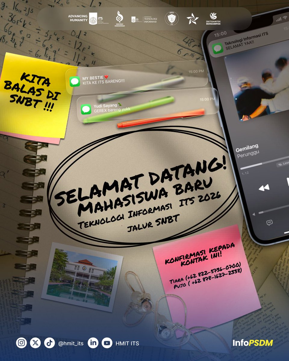 hmit_its's tweet photo. 🚨 MABA IT ITS ALERT 🚨 Selamat kepada seluruh Mahasiswa Baru Teknologi Informasi ITS jalur SNBT 2026! 🥳✨ Siap memulai perjalanan baru di kampus perjuangan?

Konfirmasi bukti penerimaan ke CP: 📱 Tiara: 082257360700 📱 Pujo: 087816272338 #SNBT2026 #HMITITS #ITSSurabaya https://t.co/sKLpdMKQgq