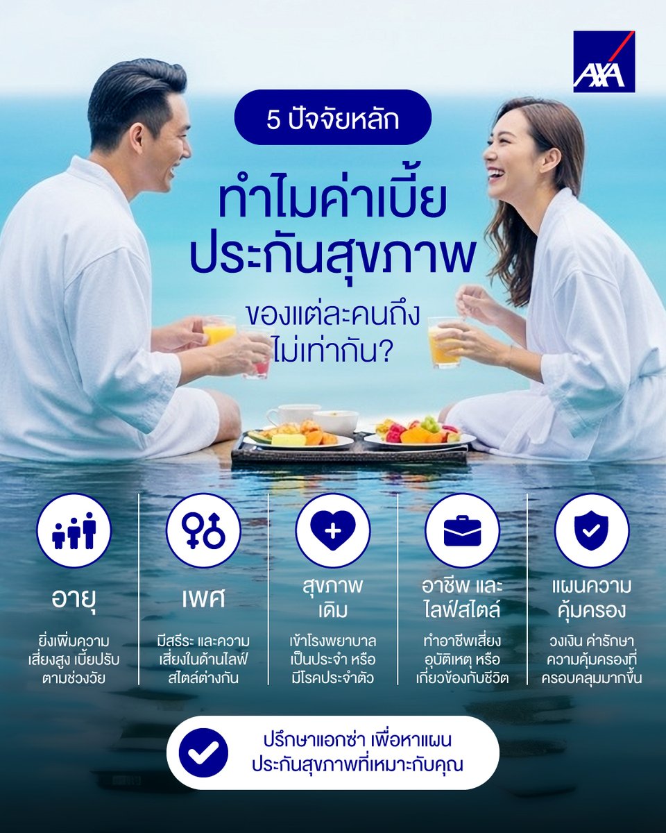 AxAthailand's tweet photo. หลายคนอาจเคยมีข้อสงสัยว่า ทำไมกรมธรรม์ประกันสุขภาพที่มีแผนความคุ้มครองใกล้เคียงกัน หรือคนที่อยู่ในวัยเดียวกัน ถึงมีอัตราค่าเบี้ยประกันที่แตกต่างกัน?

อ่านเพิ่มเติม https://t.co/4IzYsR7pdh https://t.co/OdvnhsE5MJ
