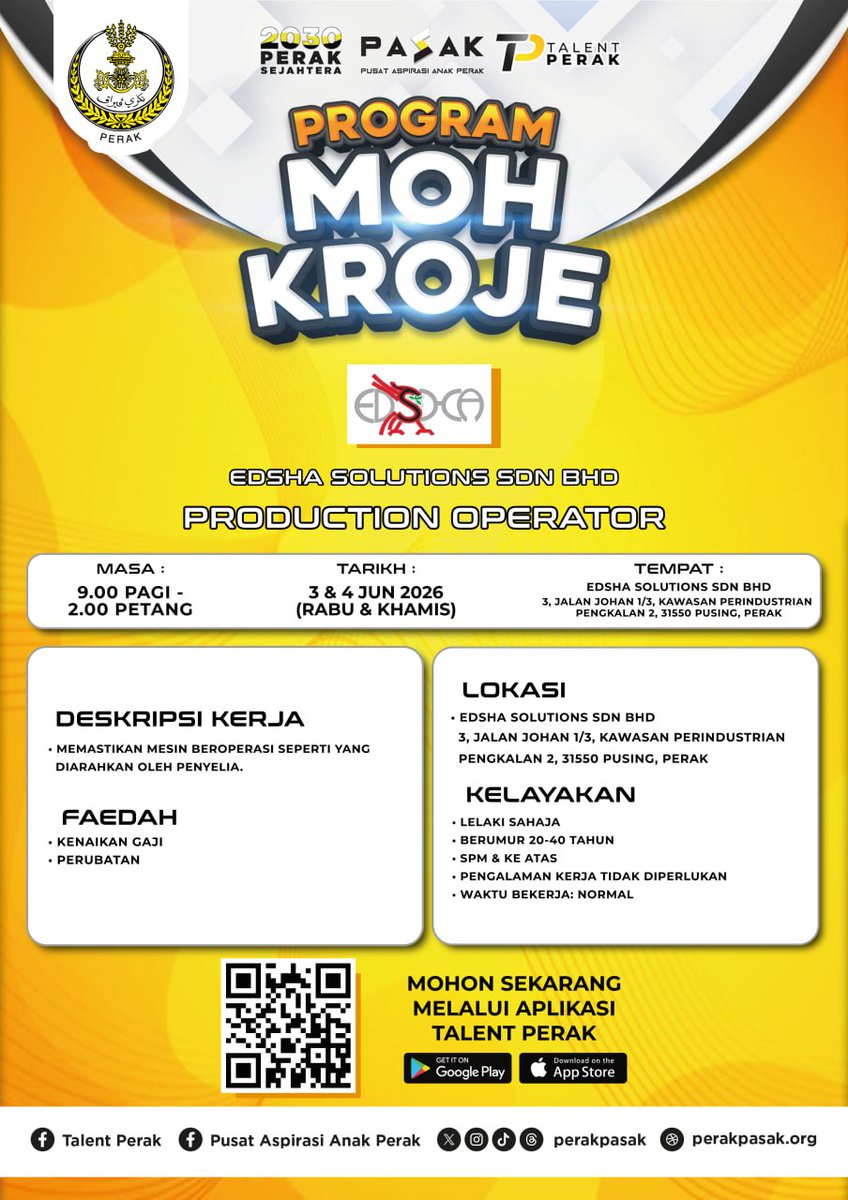 perakpasak's tweet photo. 𝐖𝐀𝐋𝐊-𝐈𝐍 𝐈𝐍𝐓𝐄𝐑𝐕𝐈𝐄𝐖 | 𝐓𝐄𝐌𝐔𝐃𝐔𝐆𝐀 𝐓𝐄𝐑𝐁𝐔𝐊𝐀 ‼️
𝐏𝐑𝐎𝐆𝐑𝐀𝐌 𝐌𝐎𝐇 𝐊𝐑𝐎𝐉𝐄 : 𝐄𝐃𝐒𝐇𝐀 𝐒𝐎𝐋𝐔𝐓𝐈𝐎𝐍𝐒 𝐒𝐃𝐍 𝐁𝐇𝐃

🚨 PELUANG KERJA TERKINI DI PERAK! 🚨

👉 Jom sertai Program Moh Kroje bersama
🏨 𝐄𝐃𝐒𝐇𝐀 𝐒𝐎𝐋𝐔𝐓𝐈𝐎𝐍𝐒 𝐒𝐃𝐍 𝐁𝐇𝐃 https://t.co/c6IeNr034G