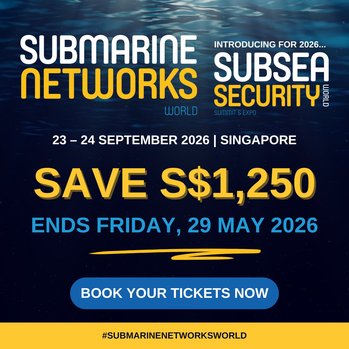 SubNetsWorld's tweet photo. This is the week. Book NOW and save $1,250.

150+ speakers. 80+ exhibitors. The world's most influential subsea professionals all under one roof in Singapore this September.

#SubmarineNetworksWorld x #SubseaSecurityWorld 2026 don't miss out.
https://t.co/d5JTfbFORk
#SNWxSSW https://t.co/Ck8mTyXDAb