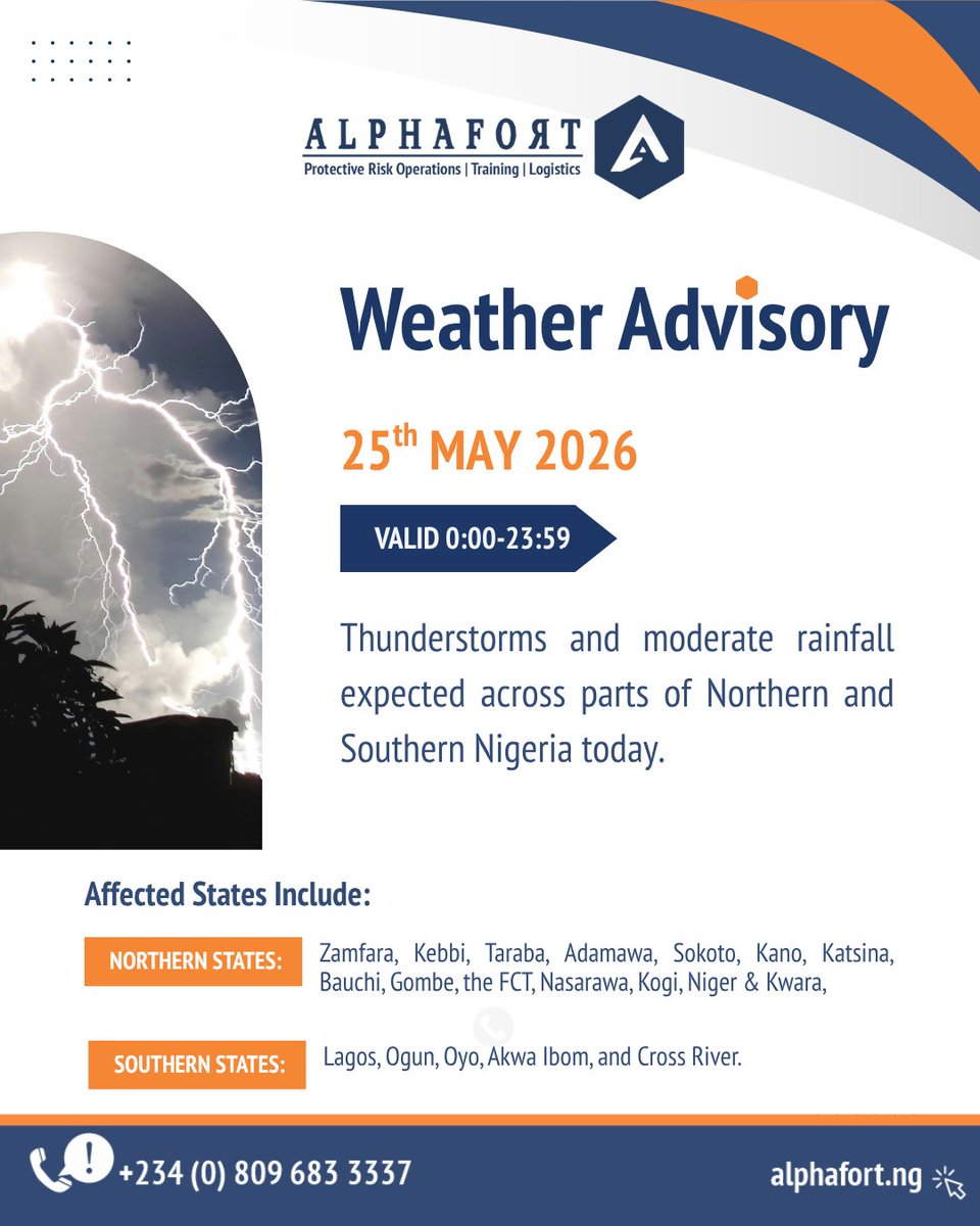AlphaFortNG's tweet photo. 🧵

Today’s weather conditions may create operational disruptions across Nigeria as thunderstorms and moderate rainfall are expected today.

1/4 https://t.co/VrKmCJeUw8
