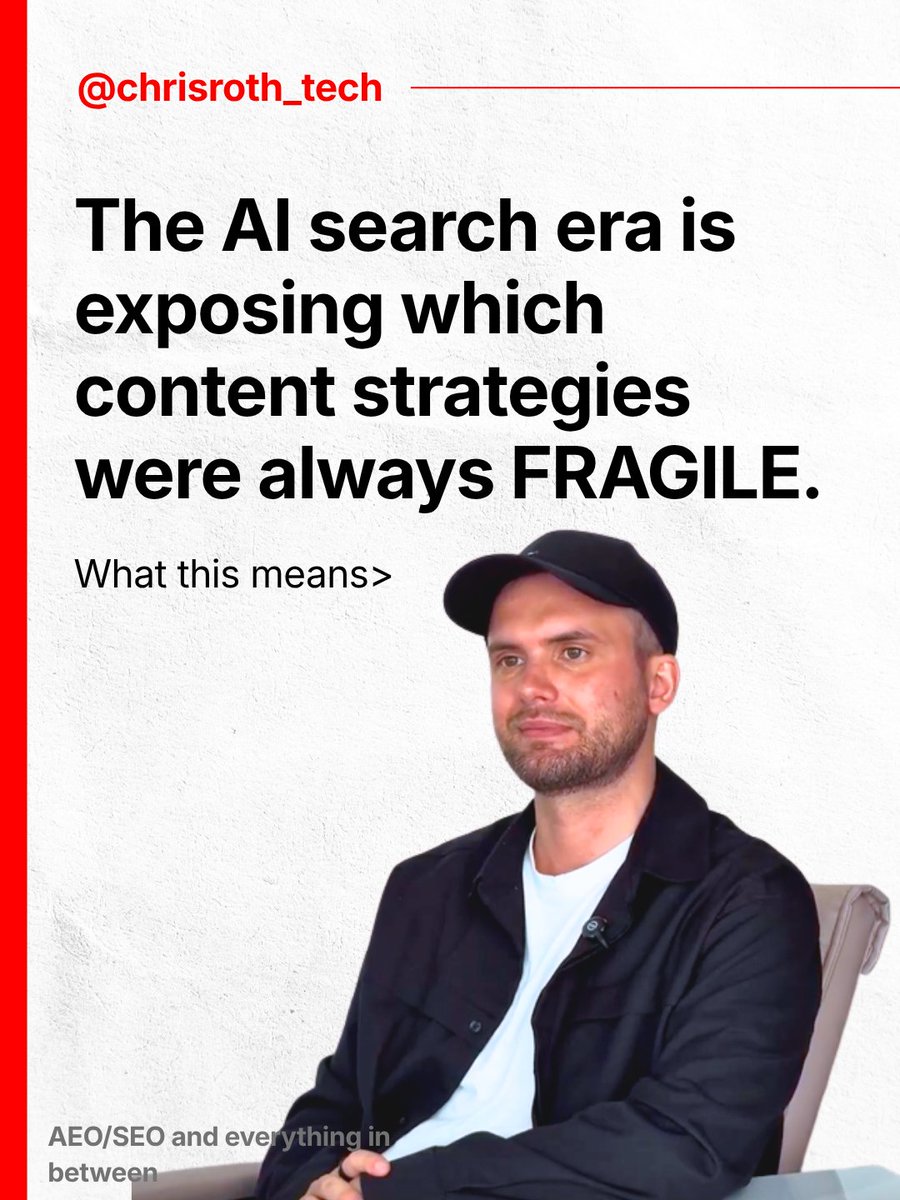 chrisroth_tech's tweet photo. The AI search era is exposing which content strategies were always FRAGILE.

For years, B2B marketers tracked rankings, clicks, impressions. It worked.

Then ChatGPT, Perplexity, and Google AI Overviews started answering questions directly, and a chunk of that traffic just stopped showing up.

Here's what's actually happening underneath:

When AI cites your content, people don't click. They remember your name. Then they search for you directly, days later, different channel, same intent.

Most SEO tools are still counting clicks while that awareness builds quietly in the background.

The teams pulling ahead aren't choosing between Google rankings and AI citations.

They're doing both. Content that ranks AND gets cited. That's where the compound effect kicks in.

SEO isn't being replaced. It's being extended. The measurement just hasn't caught up yet :)

@rankrealizer