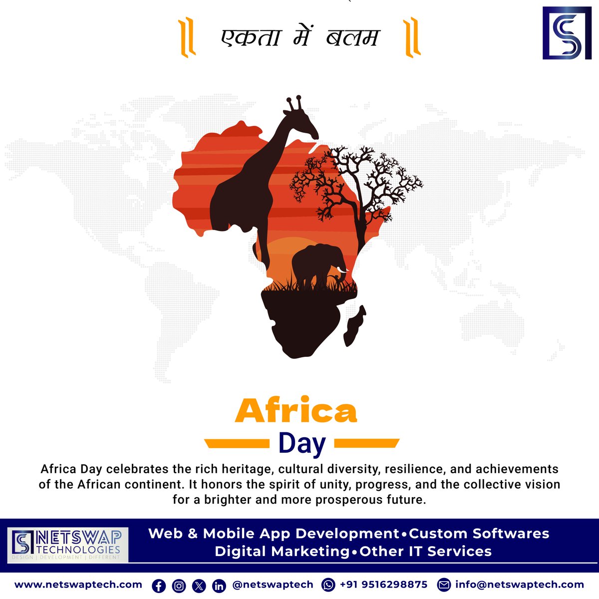netswaptech's tweet photo. 𝐔𝐧𝐢𝐭𝐲 𝐚𝐧𝐝 𝐢𝐧𝐧𝐨𝐯𝐚𝐭𝐢𝐨𝐧 𝐝𝐫𝐢𝐯𝐞 𝐩𝐫𝐨𝐠𝐫𝐞𝐬𝐬.
On Africa Day, we celebrate resilience, development, and the future potential of African nations.

#AfricaDay #Innovation #GlobalDevelopment #Unity https://t.co/Db0uTkbNXj