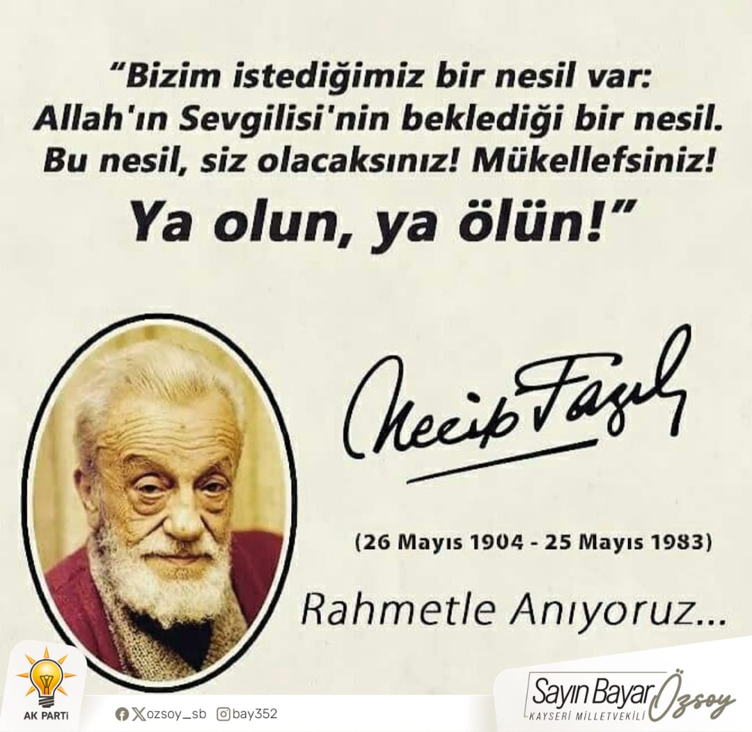 Ozsoy_sb's tweet photo. Fikir ve dava adamı, büyük şair ve mütefekkir
Necip Fazıl Kısakürek’i vefat yıl dönümünde rahmet, minnet ve saygıyla anıyorum.

Kalemiyle nesillere yön veren, inancı, duruşu ve mücadelesiyle iz bırakan Üstad’ın eserleri ve fikirleri yaşamaya devam edecektir.

“Zaman bendedir ve mekân bana emanettir” diyerek bir ömrü davasına adayan Üstad Necip Fazıl Kısakürek’in mekânı cennet olsun.

#necipfazılkısakürek #üstad #DavaŞuuru #RahmetleAnıyoruz