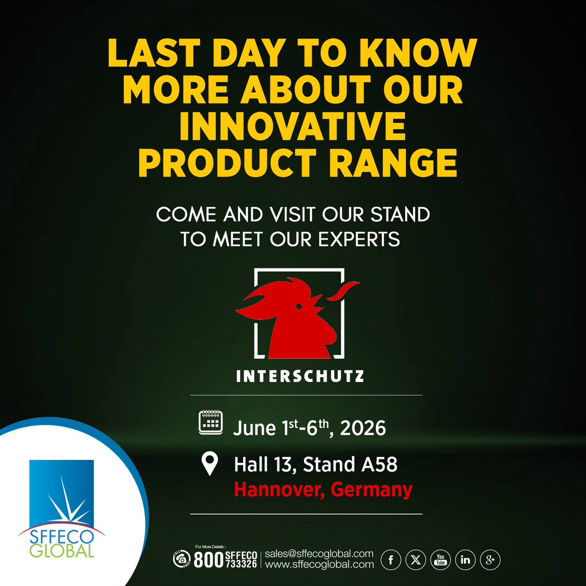 SFFECOGlobal's tweet photo. Today is the final day of INTERSCHUTZ 2026!
Thank you to everyone who visited us at Hall 13, Stand A58 throughout this incredible event. 
If you haven’t visited yet, there’s still time to meet our team today.

📍 Hall 13, Stand A58
📍 Hannover, Germany
📅 June 1–6, 2026 https://t.co/J9TajXpeB3