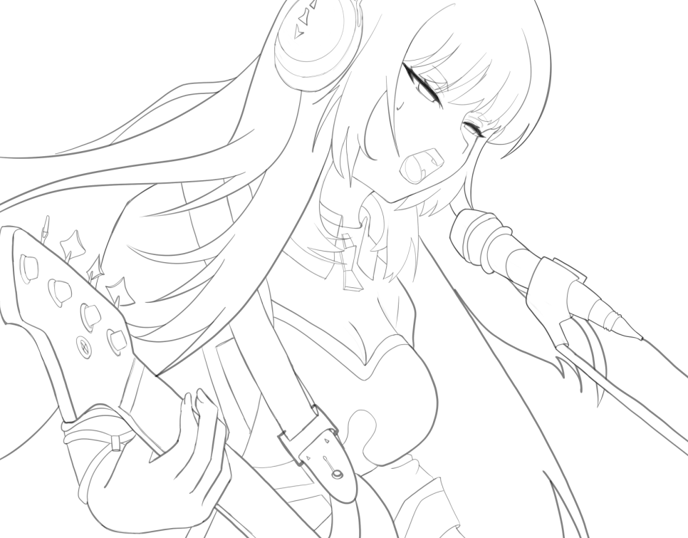 LightSteelArt's tweet photo. 徒姫wip🎸
左右反転してこっちの方がよさげに見えたけど、ベースの利き手変わるヤツ（線画済み） https://t.co/k3huLCq3h8
