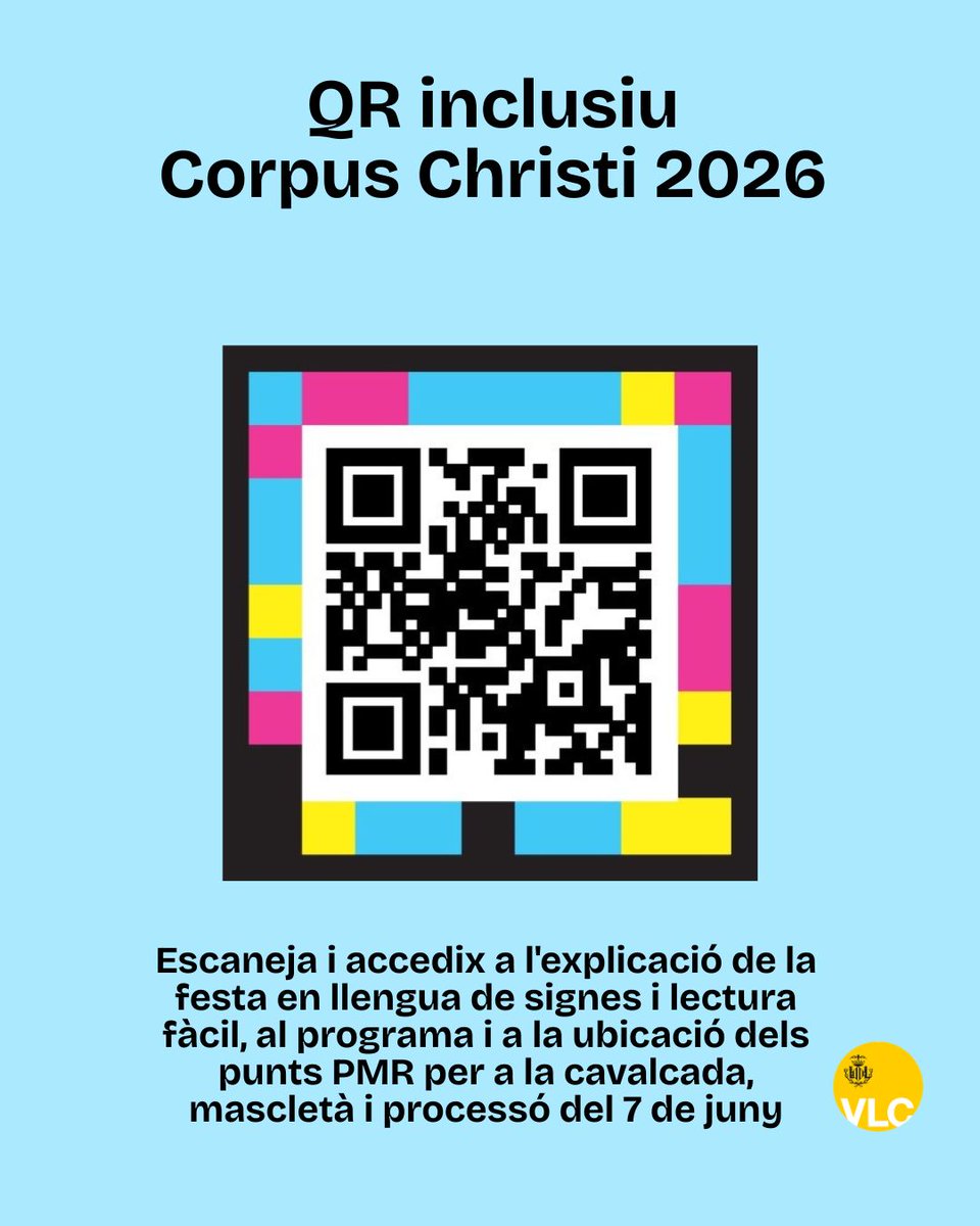 AjuntamentVLC's tweet photo. 🎺El #CorpusVLC 2026 ja està en marxa en #València amb dies plens de tradició 👇

📆 Actes centrals del 4 al 7 de juny
🥁 Danses 
💮 Entrada de bandes de música i lliurament de pomells
🎭 Cavalcada del Convit
🎆 Mascletà
🐎 Eixida de les Roques
⛪ Processó pels carrers del centre històric

🔎 Consulta tota la programació i no et perdes res de la #FestaGrossa en el seu 700 aniversari 👉 https://t.co/ZwIvygMATZ

📱 A més, amb un QR inclusiu que acosta tota la ℹ️ a persones amb #discapacitat!